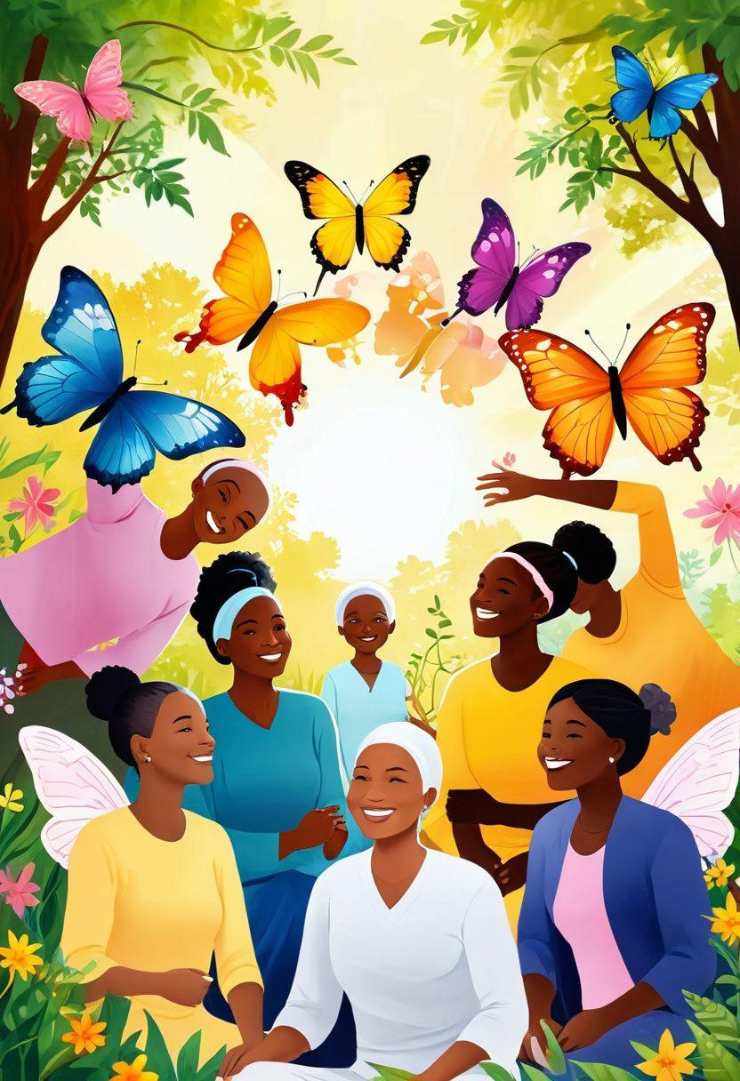 A serene and uplifting scene depicting a diverse group of cancer survivors, each with a radiant smile, engaged in a supportive circle. Surround them with symbols of hope, like butterflies and blooming flowers, to accentuate their resilience. Use warm, inviting colors to create a feeling of empowerment and community. Include soft natural elements, like sunlight filtering through trees, enhancing the atmosphere of healing and strength. super-realistic. vibrant colors. warm background.