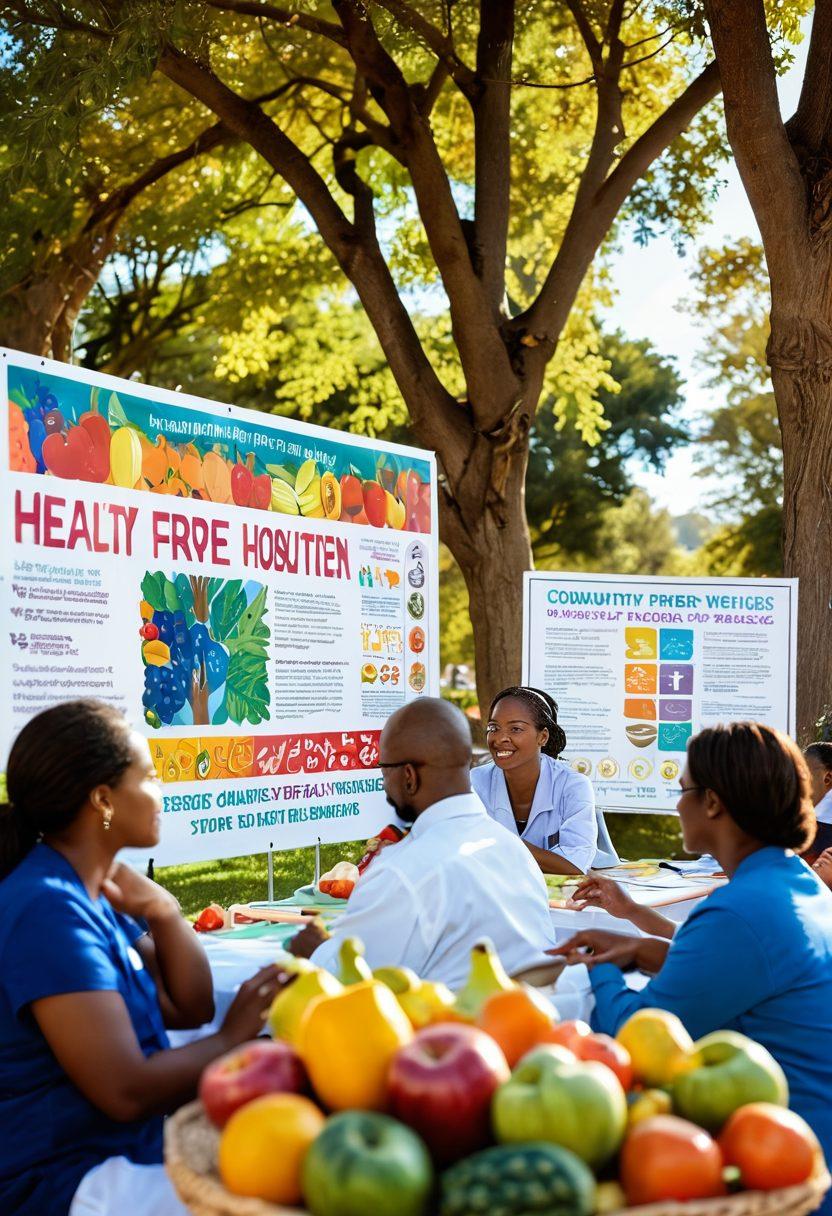 A serene scene depicting a diverse group of people engaging in a community health seminar, surrounded by informative posters on tumor prevention and treatment. In the foreground, there's a colorful display of fruits and vegetables, symbolizing healthy choices. Soft sunlight filters through trees, creating a warm, inviting atmosphere. The background includes a hopeful sky with illustrations of awareness ribbons flying. vibrant colors. super-realistic.