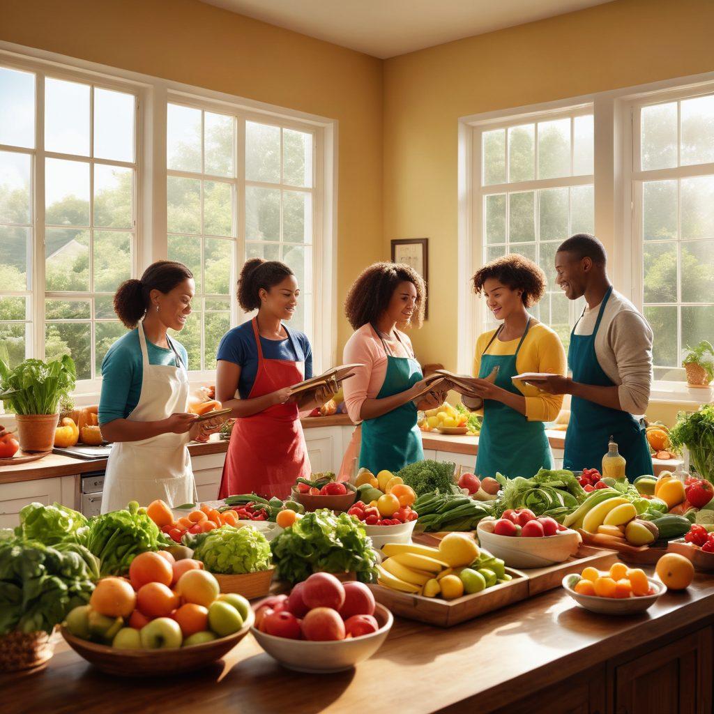 A serene scene depicting a diverse group of people engaging in healthy cooking together, surrounded by fresh fruits and vegetables. In the background, symbols of support such as wellness books and a supportive, uplifting atmosphere filled with soft sunlight filtering through the windows. The overall mood should invoke a sense of community and empowerment. super-realistic. vibrant colors. warm lighting.